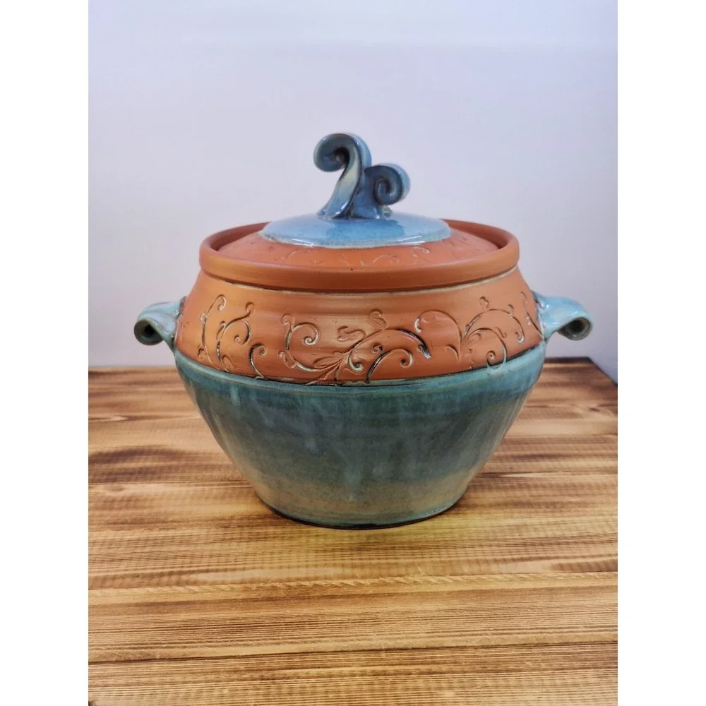 Wendy Summers Pottery Red Clay Bean Crock Pot Artisan Floral Blue Drip Glaze 5x6